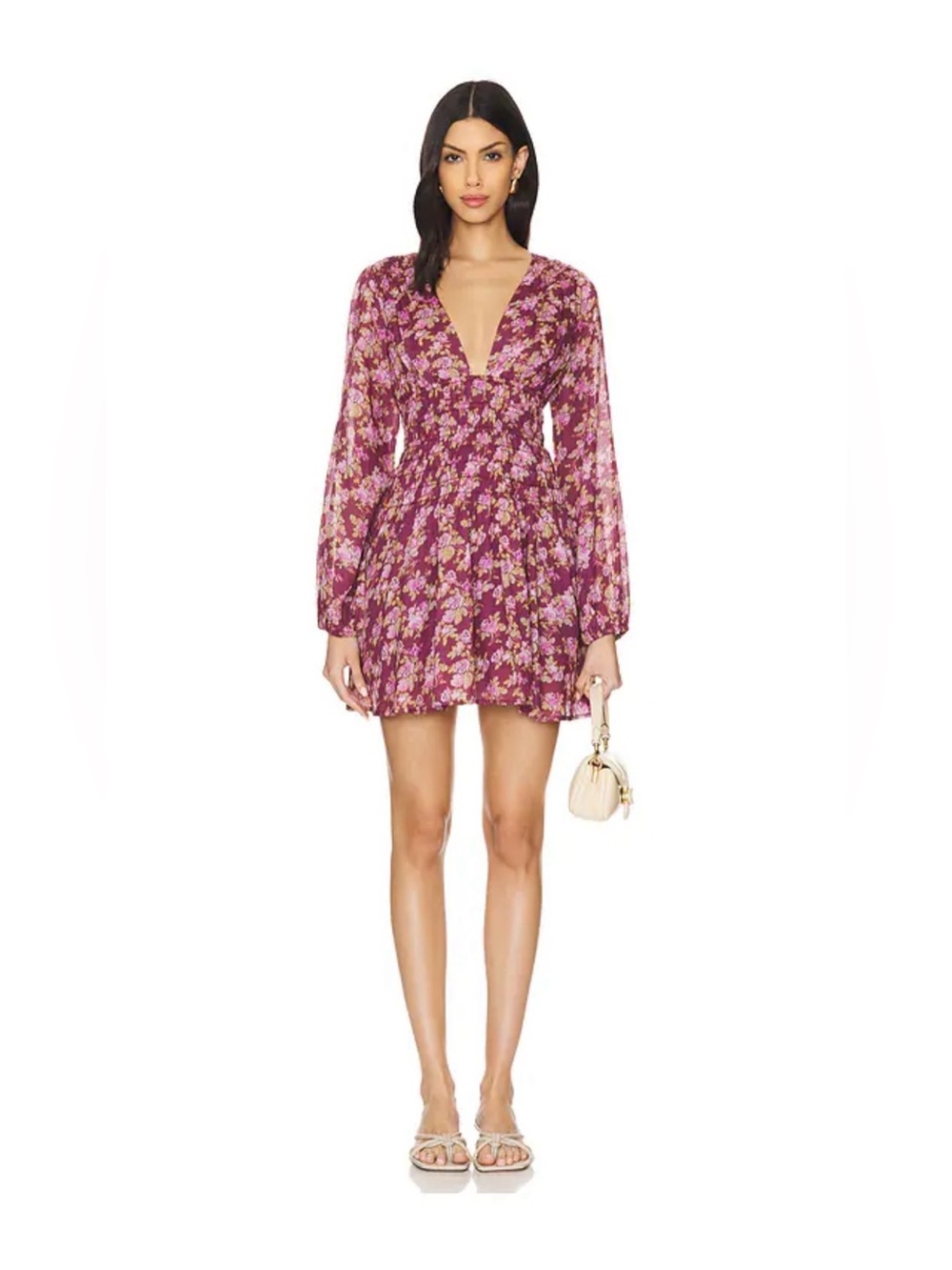 Free People NWT Floral Smocked Long Sleeve Mini Dress Plum Medium